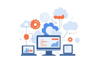 Illustration of an AI software platform with computers, gears, and clouds on a white background.