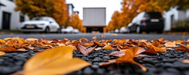 Empty residential street with a single moving truck, symbolizing population migration, autumn leaves on the ground, Migration, housing transition