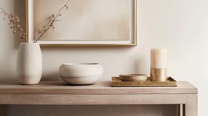 close-up view of an organic modern wooden side board with a vase and a painting hanging above it