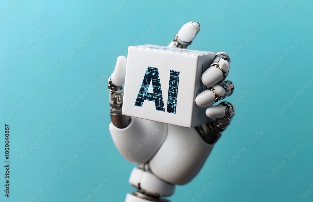 Poster robot hand holding the word ai with an icon for artificial intelligence