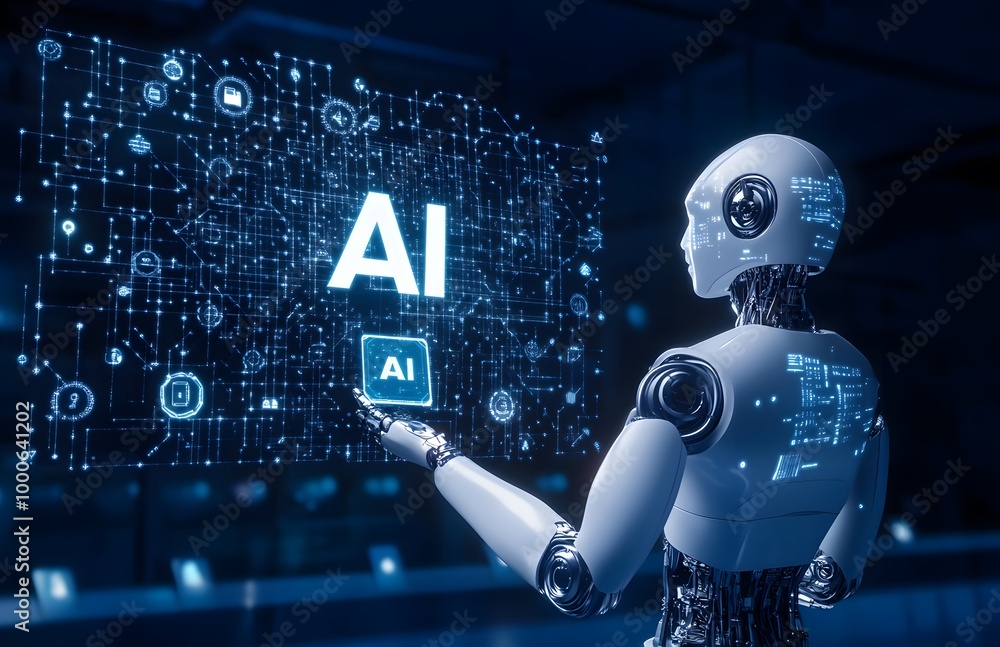 Poster robot hand holding the word ai in white, with an icon representing artificial intelligence and techn