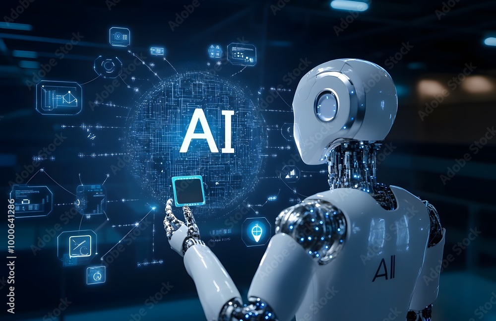 Poster robot hand holding the word ai in white, with an icon representing artificial intelligence and techn
