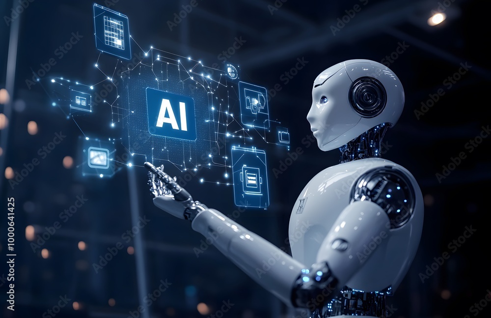 Poster robot hand holding the word ai in white, with an icon representing artificial intelligence and techn