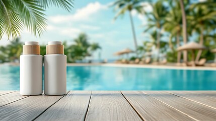 Fototapeta premium Two sunscreen bottles on a wooden deck near a pool with palm trees and beach in the background, evoking vacation vibes.