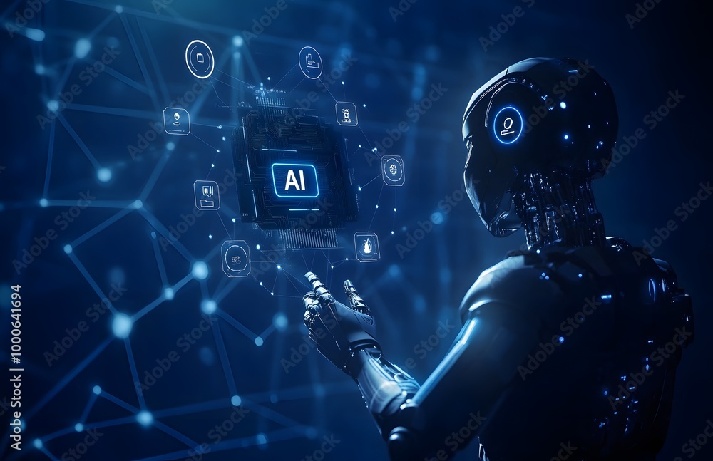 Poster robot hand holding the word ai in white, with an icon representing artificial intelligence and techn