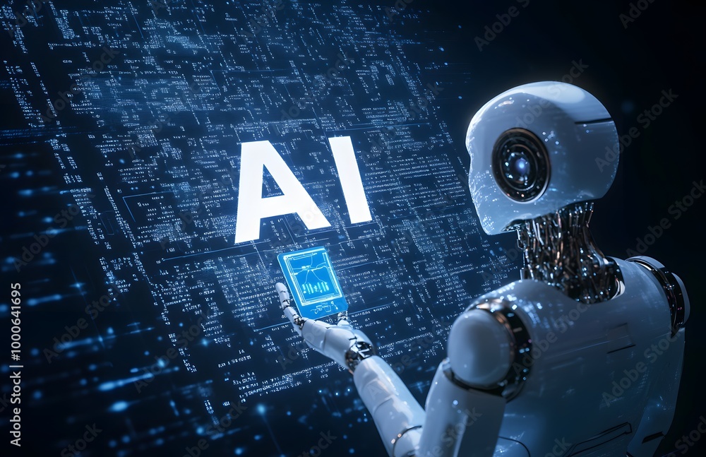 Poster robot hand holding the word ai in white, with an icon representing artificial intelligence and techn