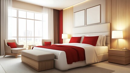 Cozy hotel bedroom featuring red pillows, white bedding, bedside lamp, tulips in vase, and soft lighting for relaxation.