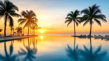 A serene tropical sunset reflecting in an infinity pool, surrounded by palm trees and lounge chairs, creating a peaceful vacation scene.