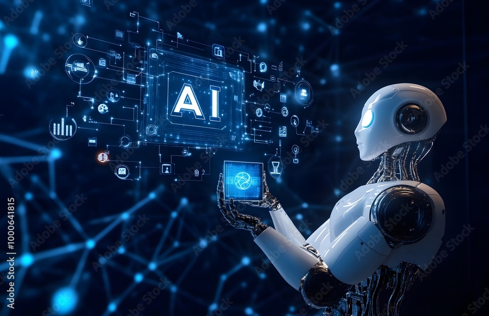 Poster robot hand holding the word ai in white, with an icon representing artificial intelligence and techn