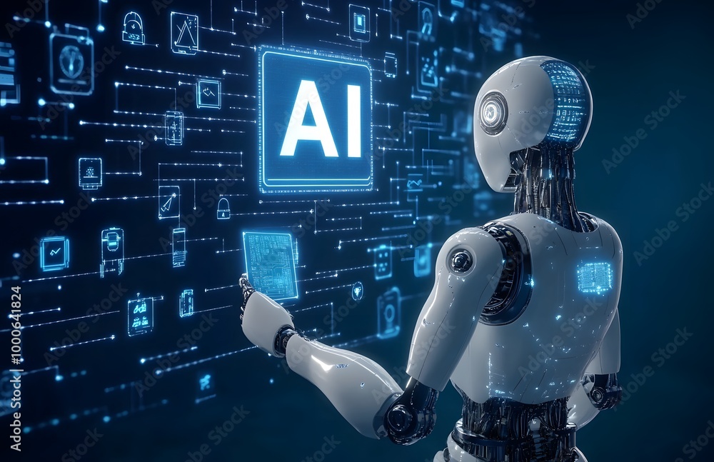 Poster robot hand holding the word ai in white, with an icon representing artificial intelligence and techn