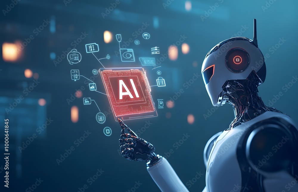 Sticker robot hand holding the word ai in white, with an icon representing artificial intelligence and techn