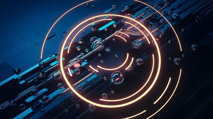  3D Glowing Intertwined Circles on a Deep Blue Background A Futuristic Tech Aesthetic Abstract Design of Glowing Circular.