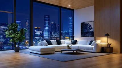 A sleek, modern living room featuring a large white sectional sofa and a stunning night view of a city skyline through floor-to-ceiling windows.