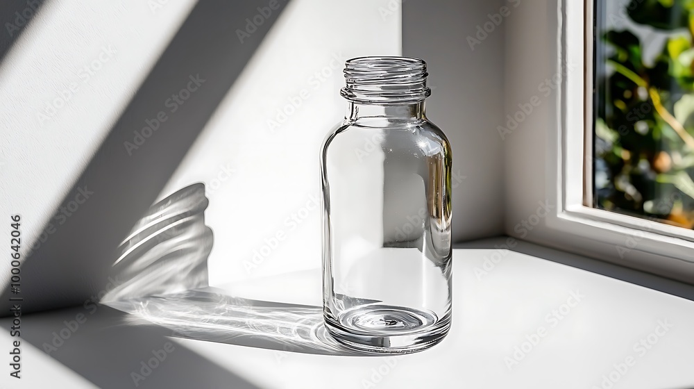Poster sunlight shines through an empty glass bottle, leaving intricate patterns on a white windowsill.
