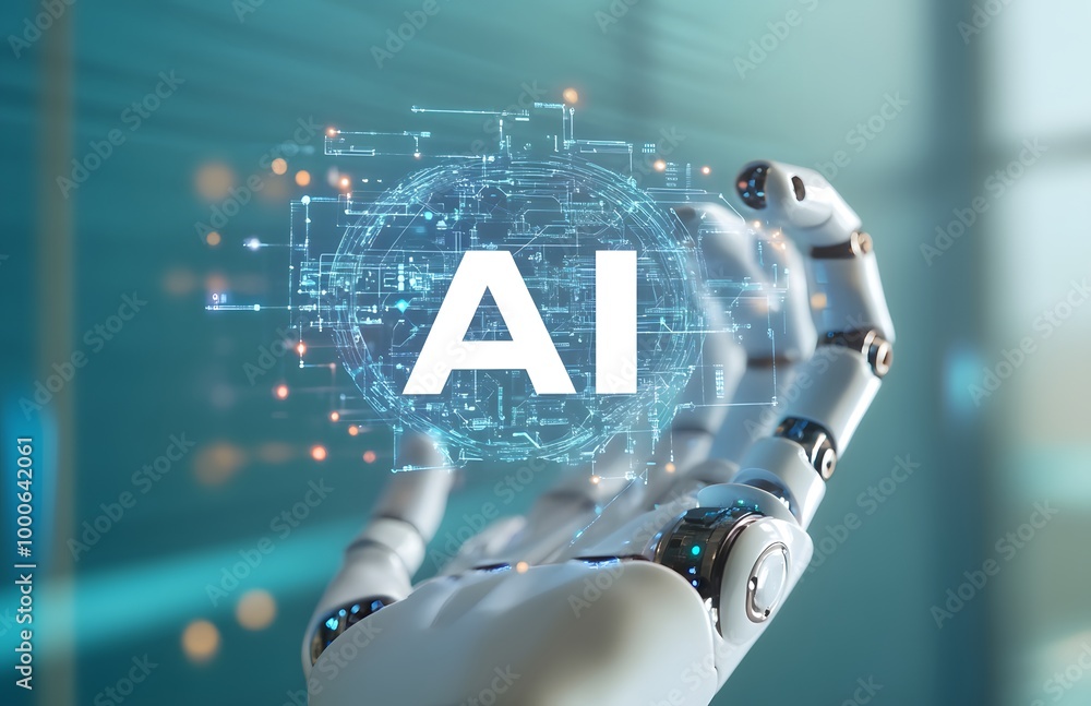 Poster robot hand holding the word ai in white, with an icon representing artificial intelligence and techn