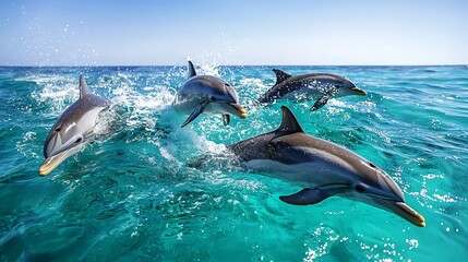 Obraz premium Playful dolphins leap through turquoise waters, their graceful forms breaking the ocean's surface.