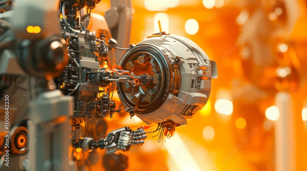 Poster a futuristic scene featuring intricate robotic machinery working in a lab with glowing orange lights