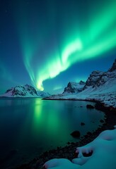 Fototapeta premium Lofoten's Luminous Nights: Awe-Inspiring Aurora Borealis Illuminates Norway's Coastal Wonder - Master the Art of Northern Lights Exploration