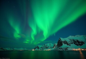 Fototapeta premium Lofoten's Nighttime Wonder: Captivating Aurora Borealis Dances Above Scenic Coastal Vistas - Master the Art of Northern Lights Photography