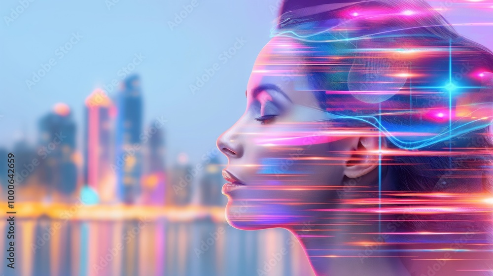 Wall mural Futuristic Cityscape and Woman Profile with Neon Light Streaks