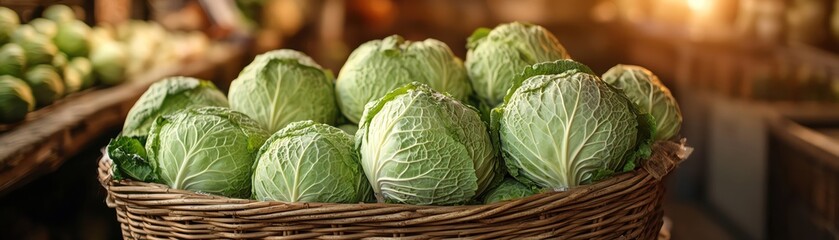 Fototapeta premium Closeup of cabbage heads in a wicker basket at a market, illuminated by warm natural light