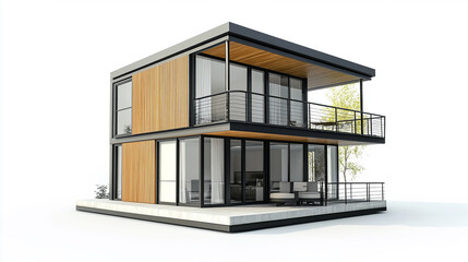 3D rendered modern house standing on a light white background