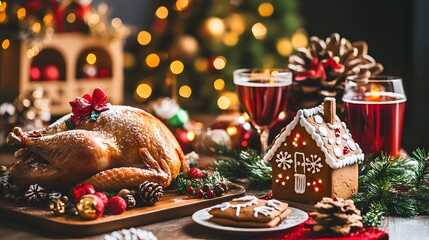 Traditional Christmas dinner table with roasted turkey, gingerbread house, and mulled wine, surrounded by festive decorations. The warm and cozy holiday scene captures the essence