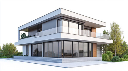 3D rendered modern house standing on a light white background