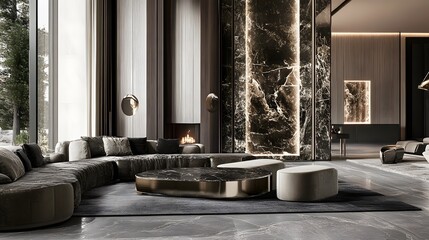 Minimalist Christmas decorations in a stylish living room with sleek lines and monochrome colors, evoking a contemporary and sophisticated holiday atmosphere