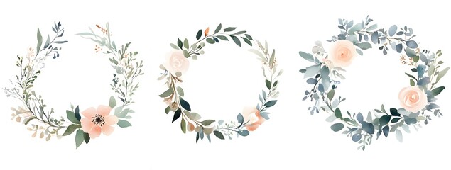 Set of three watercolor floral wreaths in pastel colors on a white background. 