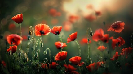 Obraz premium Vibrant Red Poppies in Bloom - Inspirational Nature Photography for Remembrance and Beauty