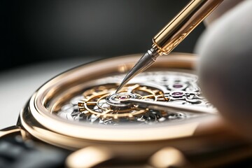 The production process of luxury watches unfolds in a workshop where skilled artisans work with precision