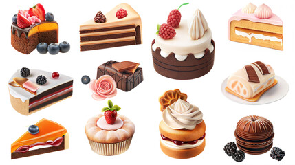 Exquisite cake and dessert assortment with chocolate and fruit toppings in a detailed on a transparent Background