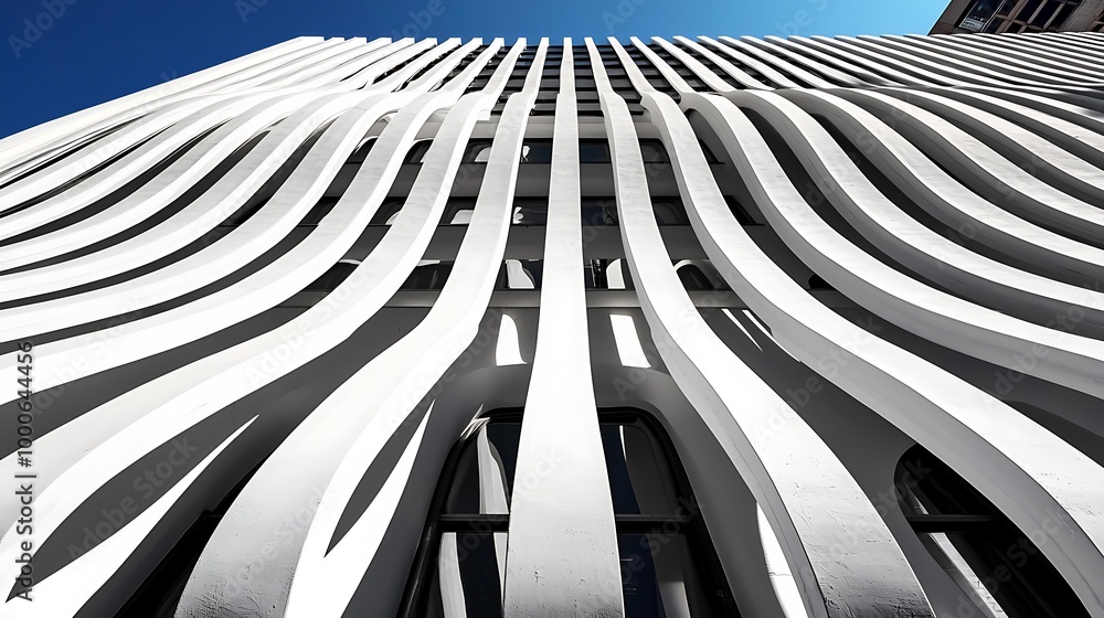 Poster modern architecture features a curved white facade, punctuated with elegant windows, blending style 