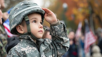 Young Child in Military Uniform Saluting During Veterans Day Event