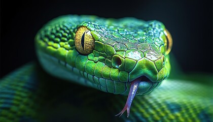 Fototapeta premium Vibrant green snake with its tongue out against a dark background
