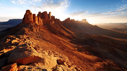 A stunning sunrise over a majestic mountain range in a desert landscape, with a vibrant sky and rocky terrain.