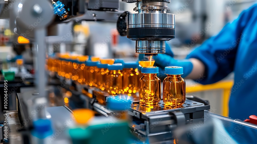 Poster an automated production line fills glass bottles with liquid, a seamless process in action.
