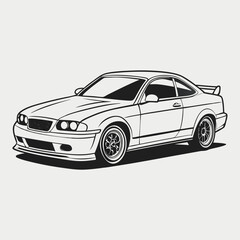 Obraz premium A clean, minimalist line-drawing of a sports sedan, capturing the car from a three-quarter front angle. Sport car front view side vector illustration