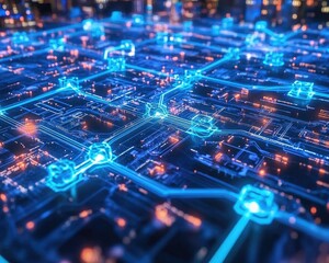 Futuristic city filled with transparent holographic business nodes connected by bright blue Wi-Fi lines, showing the power of digital networking 