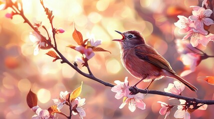 A beautiful bird perched on a branch adorned with pink blossoms, singing in a serene spring atmosphere.