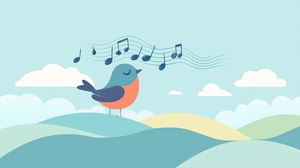 Obraz premium A cheerful bird singing melodiously against a serene landscape, surrounded by clouds and gentle hills, perfect for nature themes.
