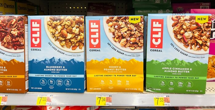Clif brand of granola cereal on the market shelf.