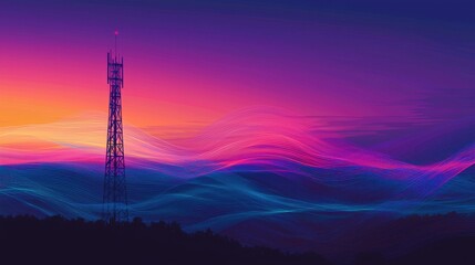 A stunning sunset scene featuring a telecommunications tower amidst vibrant colors and flowing waves of light.