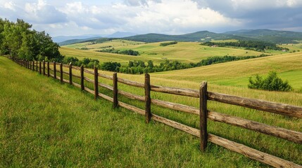A tranquil landscape featuring rolling hills, lush green grass, and a rustic wooden fence under an expansive sky.