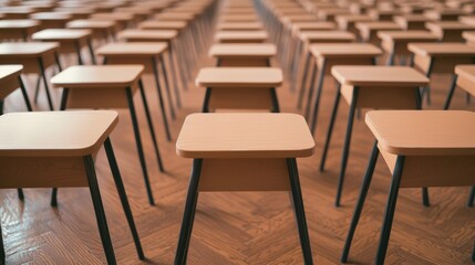 Fototapeta premium A perspective view of empty classroom desks arranged in neat rows, showcasing a tranquil and organized learning environment.