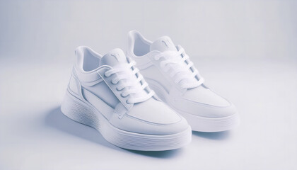 A pair of stylish white shoes placed neatly on a minimalist background
