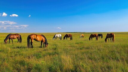 Obraz premium Herd of horses grazing peacefully in a vast green field under a clear blue sky, showcasing the beauty of nature.