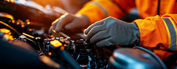 A mechanic inspecting engine components, wearing gloves and high-visibility clothing, showcasing diligence and safety in work.