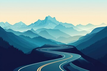 Winding road through serene mountains, showcasing beautiful landscape and tranquil atmosphere, perfect for travel and nature themes.